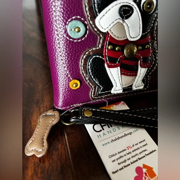 NEW Chala Boston Terrier Dog Zippered Bifold Wallet Faux Leather Purple - Picture 3 of 10